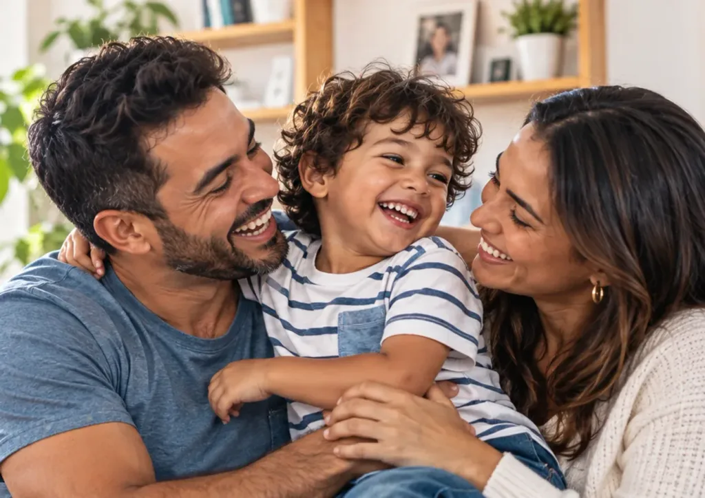 Pai, mãe e filho sorrindo juntos em casa